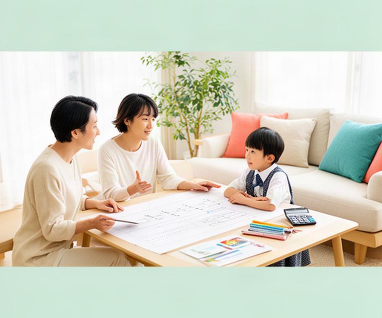 明るいリビングで教育費の年表を見ながら家族で話し合う様子