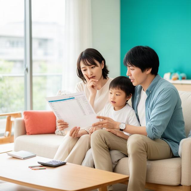明るいリビングで子どもの教育資金について家計表を見ながら話す大阪の子育て夫婦
