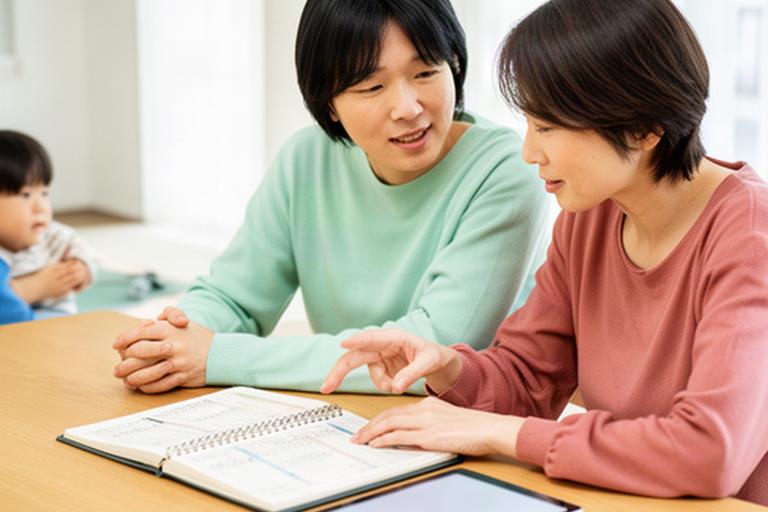 明るい自宅のテーブルで家計ノートとタブレットを見ながら相談する子育て世帯