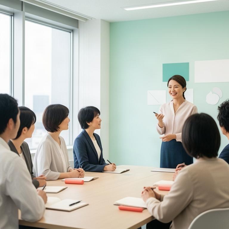 明るい会議室で従業員と保護者が家計セミナーに参加し講師の説明を聞く様子
