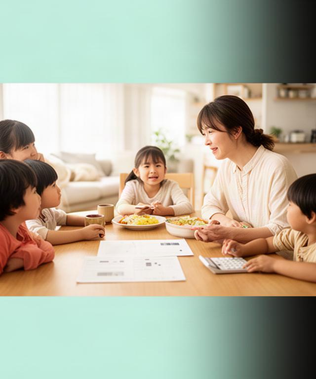 高槻市の明るいダイニングで子どもと家計表を囲むひとり親家庭